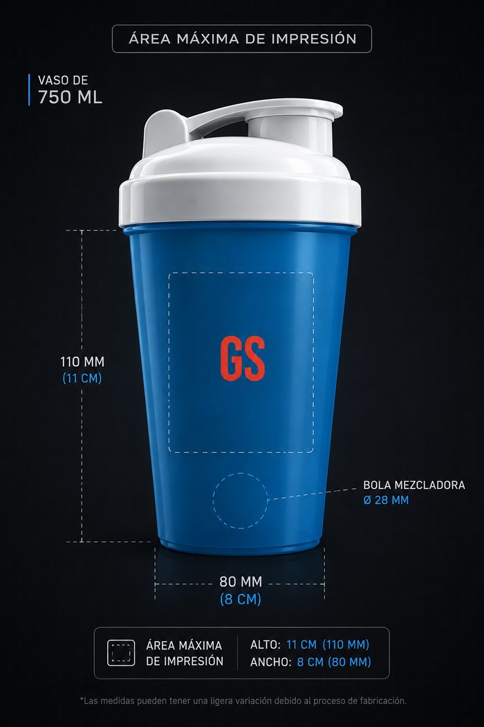 Área máxima de impresión en shaker de 750 ml con tapón basculante azul Gshakers