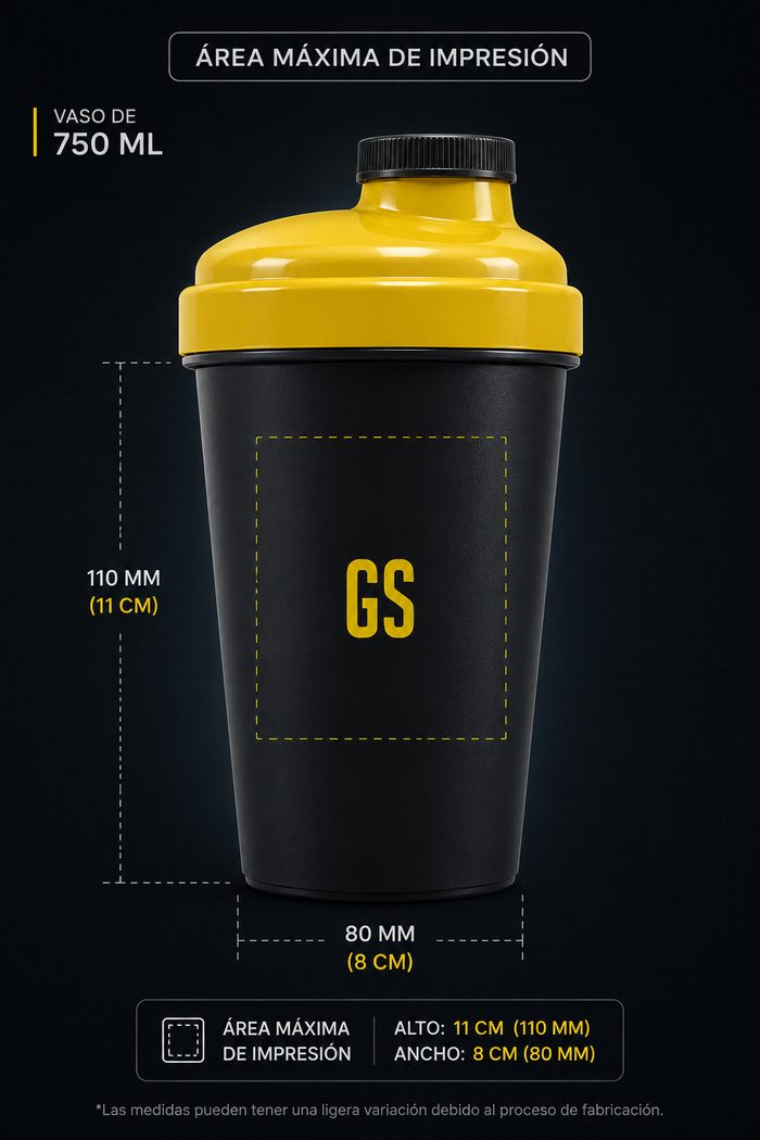 Área máxima de impresión en shaker de 750 ml con tapón de rosca amarillo Gshakers